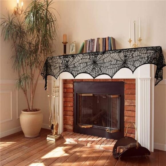 Halloween Cobweb Fireplace Scarf, Black Lace Spiderweb Mantle Scarf - Picture 4 of 8